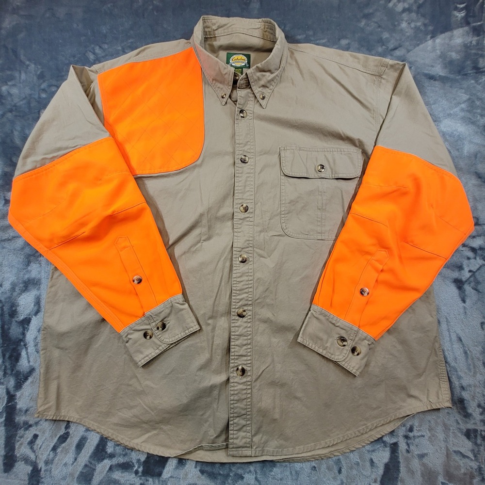 Cabelas Mens 2XL Upland Hunting Shirt Blaze Orange Cotton Canvas Field Khaki